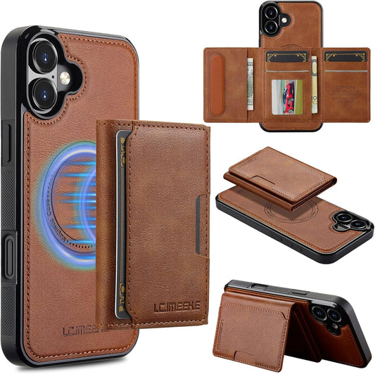 GoshukunTech for iPhone 16 Wallet Case with Card Holder,for iPhone 16 Magnetic Case[Detachable Card Pocket] Leather Flip Cover[Support Magsafe or Wireless Charging]-Brown
