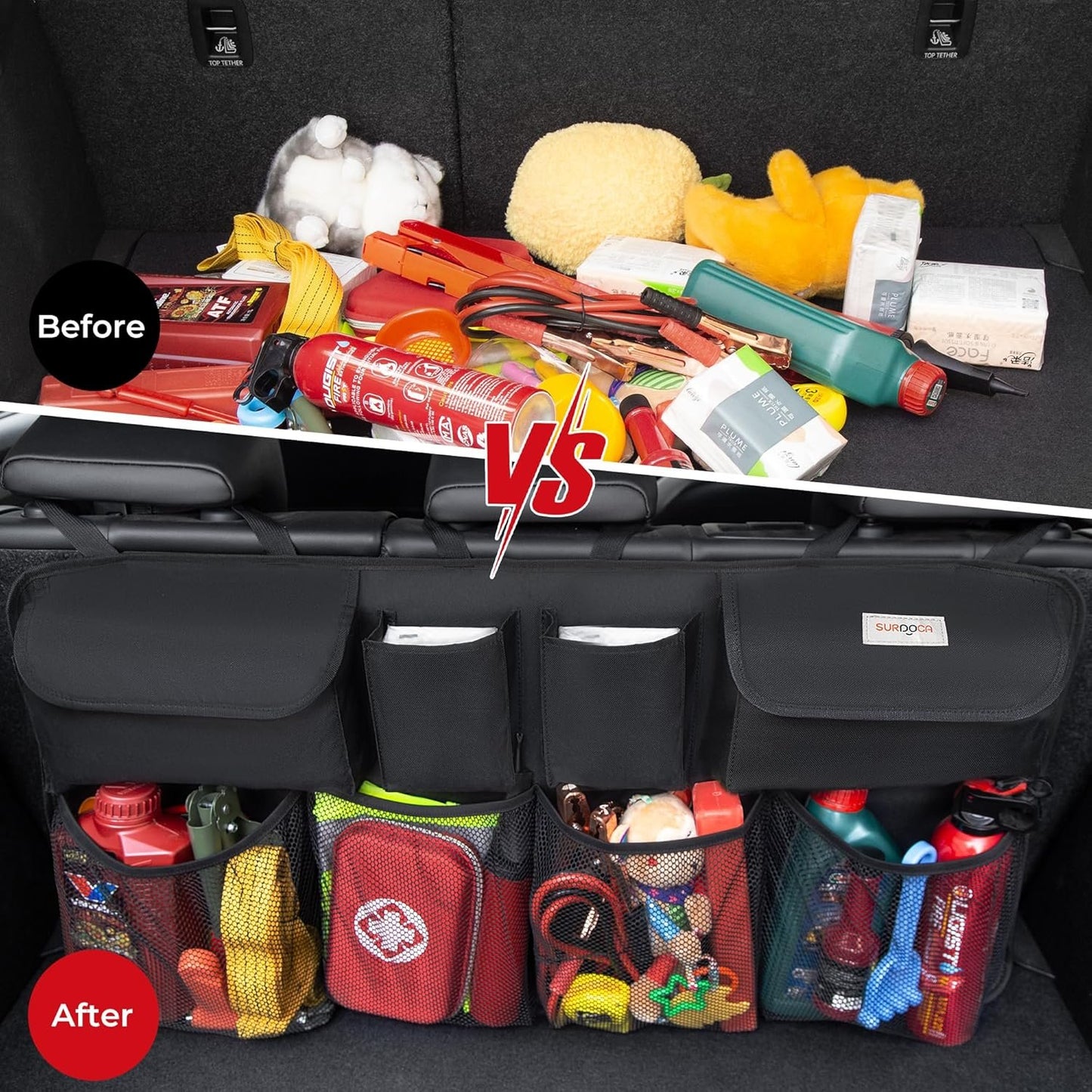 SURDOCA Car Organizer - [8 Times Upgraded] Super Capacity Extra Large - XL Car Bag, Interior Car Accessories with Resilient Mesh, Car Storage Pocket, Black Plus Size