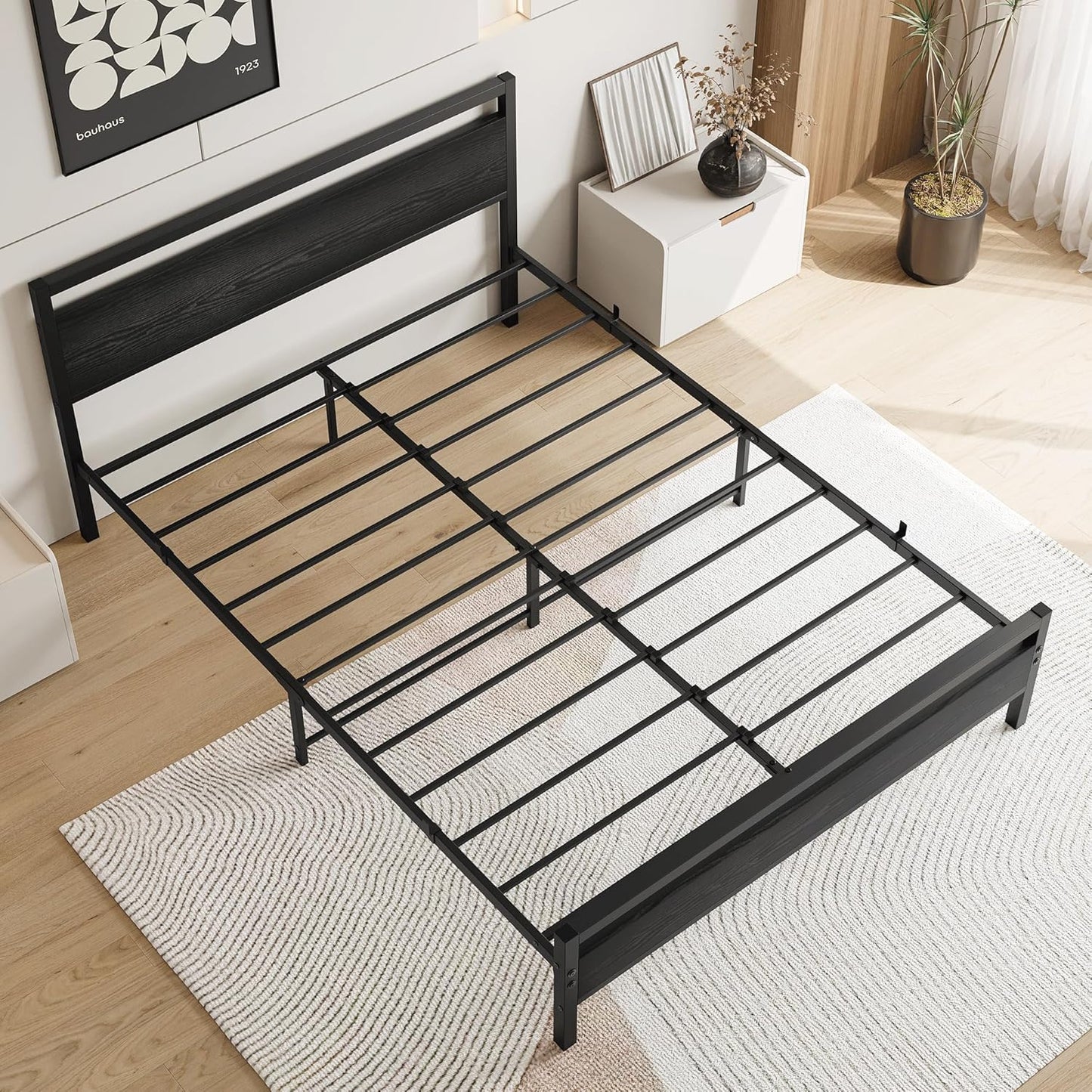 VERFARM Queen Size Bed Frames with Black Wood Headboard and Footboard,Heavy Duty Metal Platform Bed Frame Queen Size,No Box Spring Needed,Mattress Foundation/Sturdy and Stable/Noise Free,Black