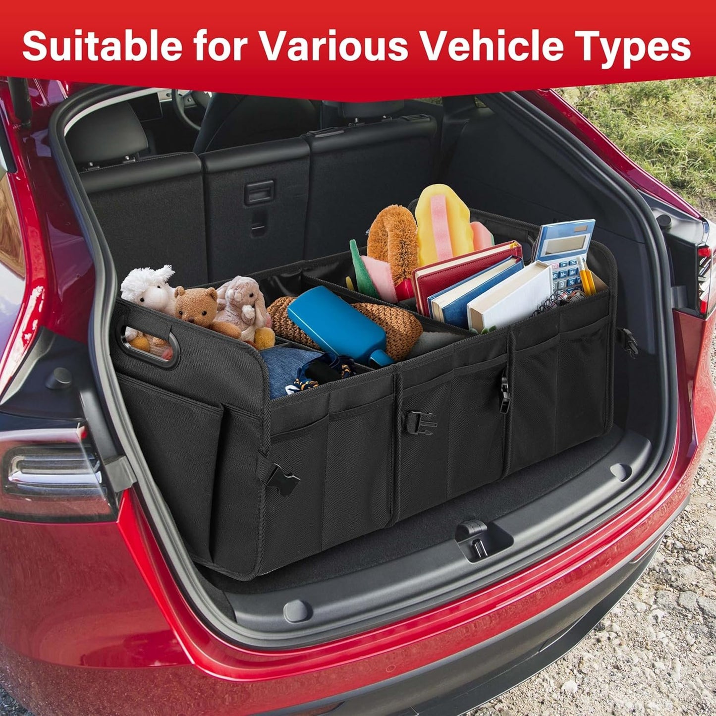 Simple Deluxe Car Trunk Organizer, Multi Compartments Collapsible Trunk Storage, Anti-slip, Waterproof 600D Oxford Polyester, with Adjustable Straps for SUV, Minivan, Truck, Large Size, Black