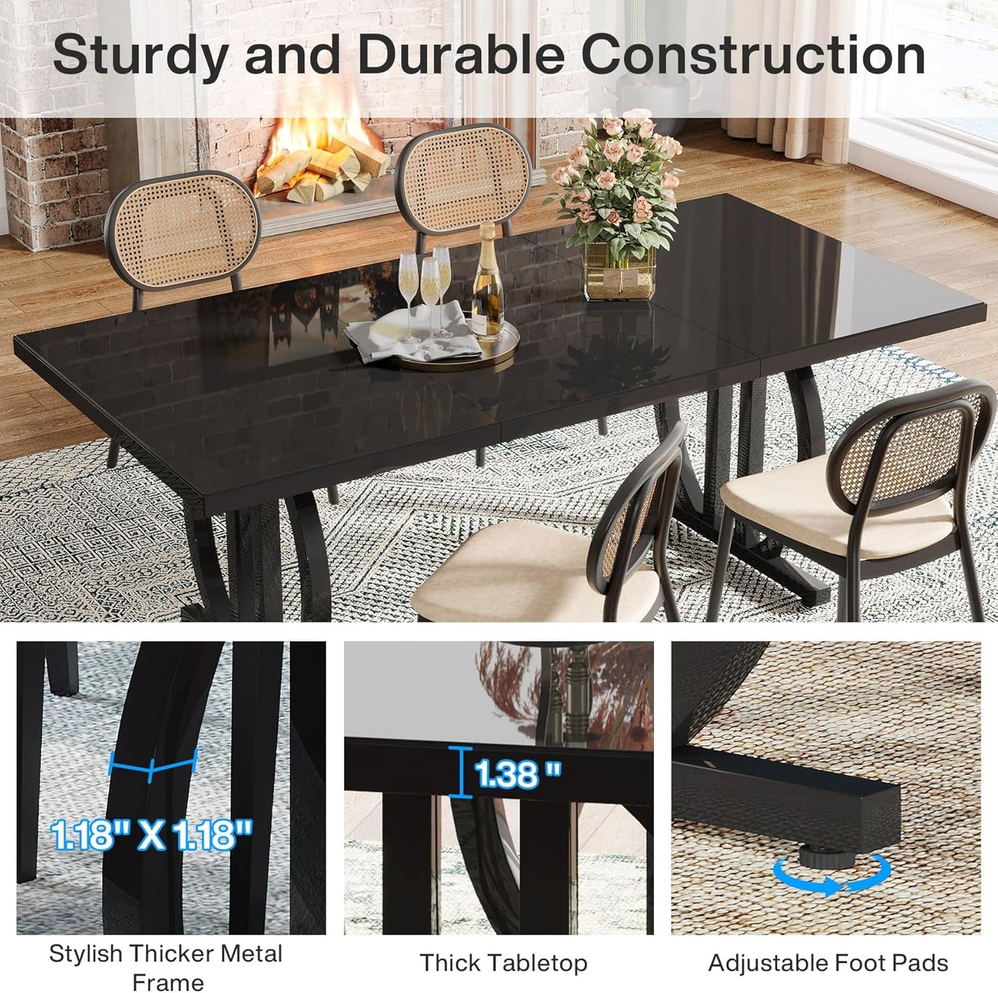 Tribesigns Black Dining Table for 4-6 Person 150cm Rectangular Kitchen Table with Durable Metal Frame, Modern Industrial Kitchen and Dining Room Furniture