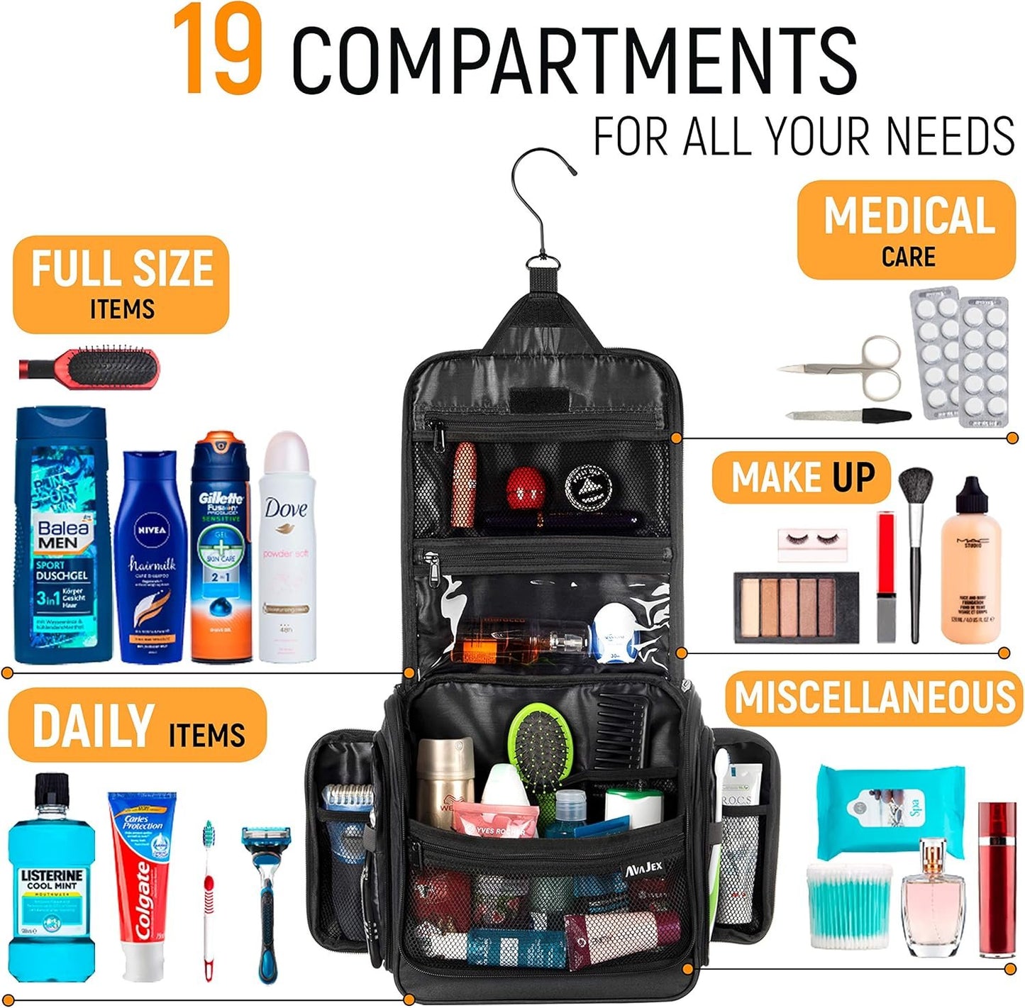 Travel Toiletry Bag for Men and Women - Large Hanging Toiletry Organizer - Waterproof Hygiene Bag with Metal XXL Swivel Hook, YKK Zippers and 19 Compartments for Toiletries, Makeup, Cosmetics