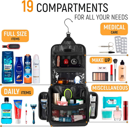 Travel Toiletry Bag for Men and Women - Large Hanging Toiletry Organizer - Waterproof Hygiene Bag with Metal XXL Swivel Hook, YKK Zippers and 19 Compartments for Toiletries, Makeup, Cosmetics