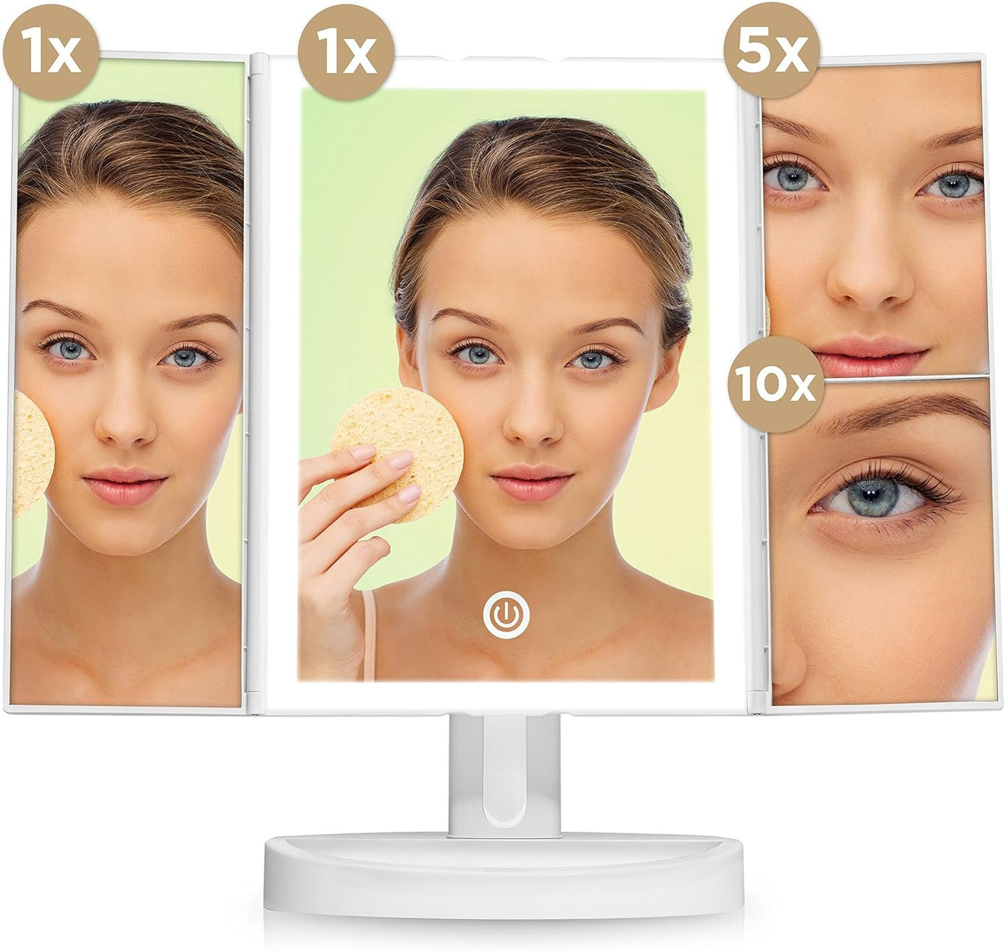 Fancii LED Lighted Vanity Makeup Mirror, Trifold Mirror with 5X and 10x Magnifications - 34 Dimmable Natural Lights, Touch Screen, Best Adjustable Countertop Mirror with Cosmetic Stand (Tria)