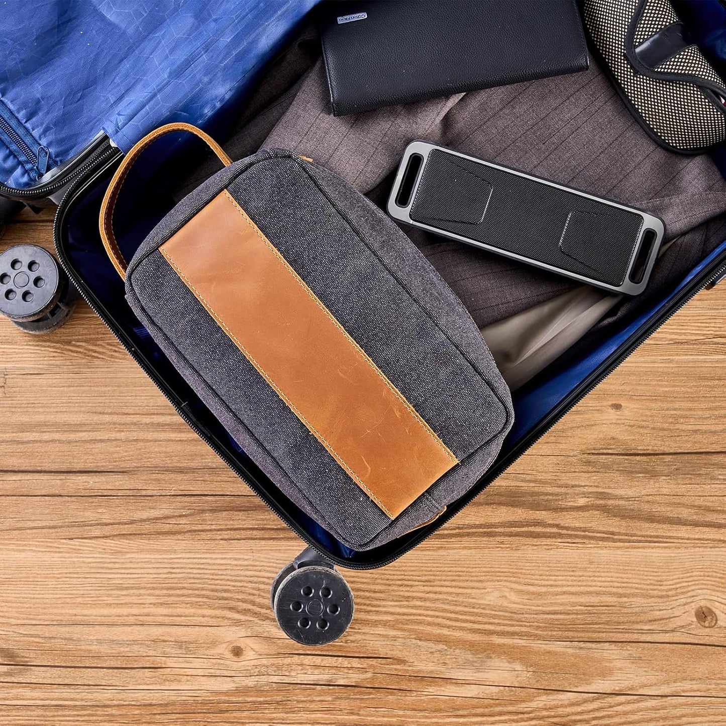 AGDHERSNVX Canvas Toiletry Bag for Men with Genuine Leather Patch,Travel Dopp Kit with Full Grain Leather Handle,Large Shaving Kit Bag,Water Resistant Hygiene Dopp Kit, Black, Customized