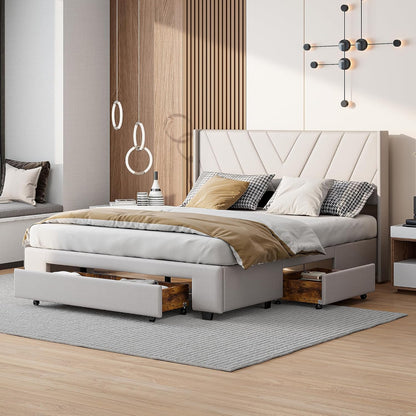 BRILVERDE Upholstered Bed, 160 x 200 cm, Double Bed with 3 Drawers, Solid Wood Bed with Headboard, Junior Bed, No Mattress, Beige (160 x 200 cm)