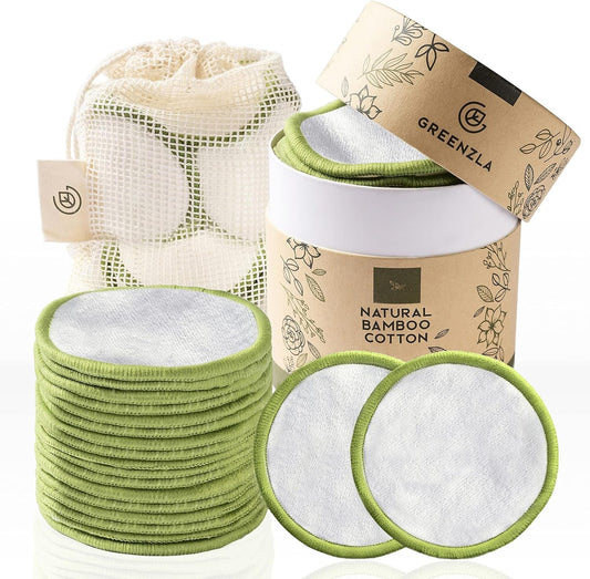 Greenzla Reusable Makeup Remover Pads (20 Pack) With Washable Laundry Bag And Round Box for Storage | Natural Bamboo and Organic Cotton Pads For All Skin Types