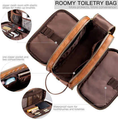 Elviros Toiletry Bag for Men, Large Travel Shaving Dopp Kit Water-Resistant Bathroom Toiletries Organizer PU Leather Cosmetic Bags (Brown, Small)