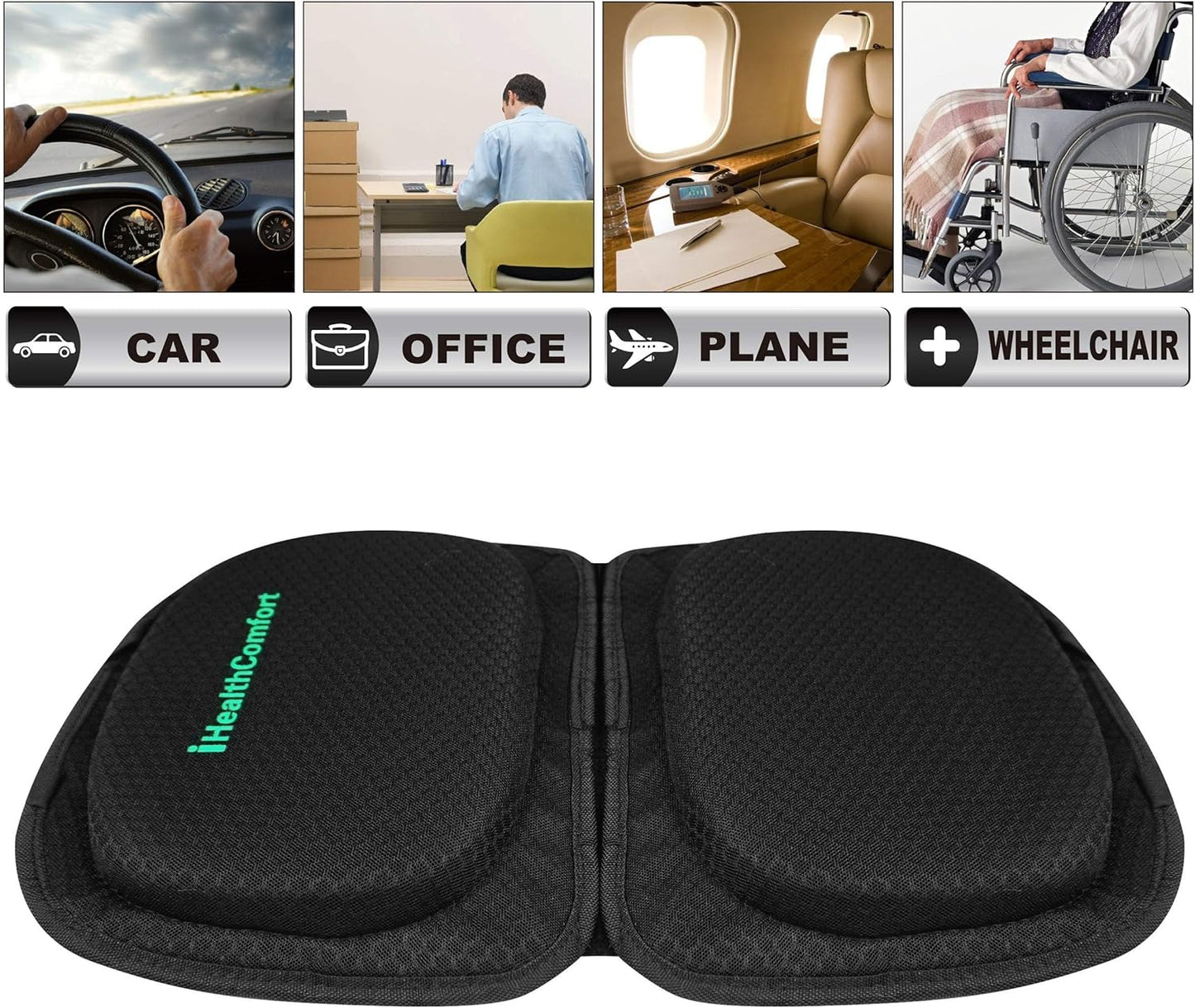 IHEALTHCOMFORT Small Travel Seat Cushion,Portable and Foldable Gel Memory Foam Cushion,Multi-Functional Supportive Firm Butt Pillow,for Long Sitting Driving Trip