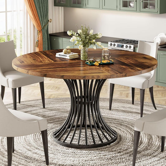 Tribesigns Round Dining Table for 4-6 People, 47-Inch Farmhouse Dinning Room Table Circle Kitchen Table, Industrial Dinner Table with Metal Base for Kitchen, Living Room, Rustic Brown