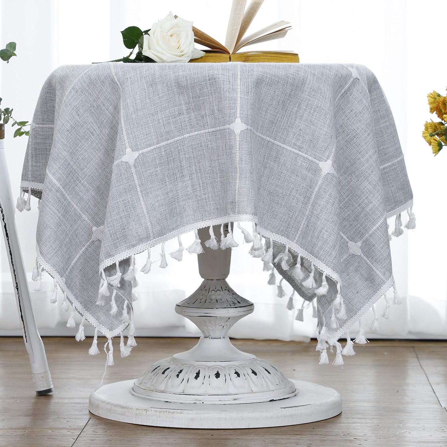 (Square, 90cm x 90cm , Light Grey) - LUCKYHOUSEHOME Cotton Linen Checked Lattice Small Square Tablecloth Embroidery Tassel Table Cover for Home Dinning Tabletop 90cm x 90cm , Grey
