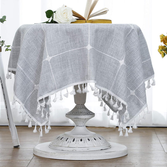 (Square, 90cm x 90cm , Light Grey) - LUCKYHOUSEHOME Cotton Linen Checked Lattice Small Square Tablecloth Embroidery Tassel Table Cover for Home Dinning Tabletop 90cm x 90cm , Grey
