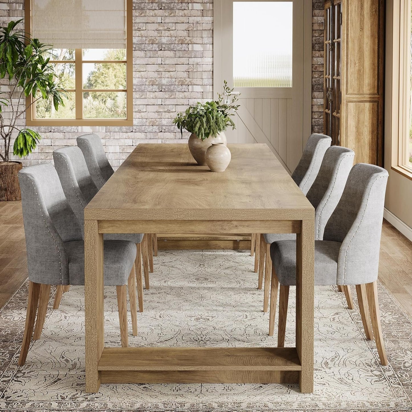 Tribesigns 86.61-Inch Dining Table for 6-8 People, Farmhouse Narrow Kitchen Table with Pedestal Base, Extra Long Rectangular Dining Room Furniture, Natural Oak