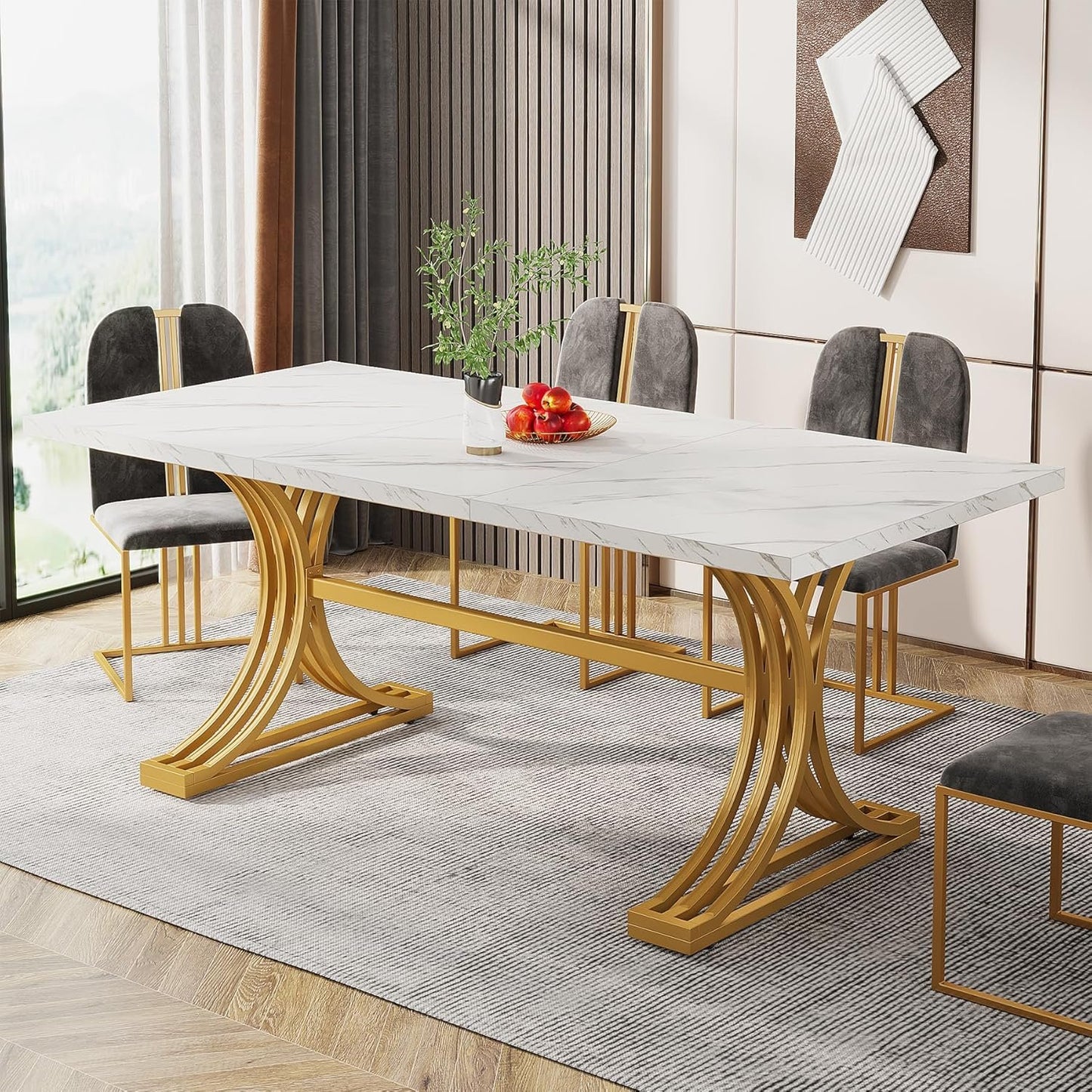Tribesigns 63-Inch Rectangular Dining Table for 4 to 6, Modern Kitchen Table with Stylish Metal Trestle Legs, Large Dinner Tabletop for Dining Room, Chair Not Included (White+Gold)