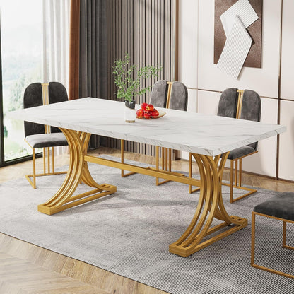 Tribesigns 63-Inch Rectangular Dining Table for 4 to 6, Modern Kitchen Table with Stylish Metal Trestle Legs, Large Dinner Tabletop for Dining Room, Chair Not Included (White+Gold)