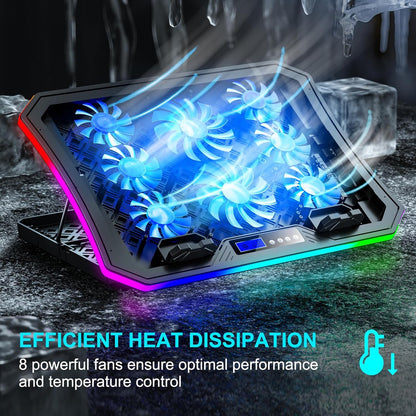 Laptop Cooling Pad RGB Gaming Notebook Cooler for Desk and Lap Use, MOOJAY Laptop Fan Stand 8 Adjustable Heights with 8 Quiet Fans and Phone Holder, for 15.6-17.3 Inch Laptops - Blue LED Light