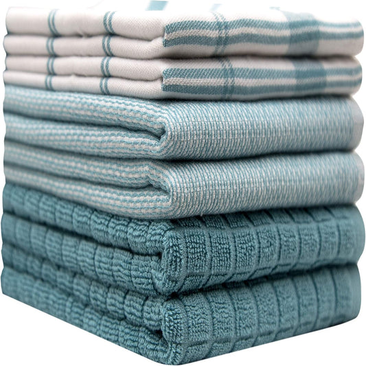 Premium Kitchen Towels (20â€x 28â€, 6 Pack) â€“ Large Cotton Kitchen Hand Towels â€“ Flat & Terry Towel â€“ Highly Absorbent Tea Towels Set with Hanging Loop (Teal Check)