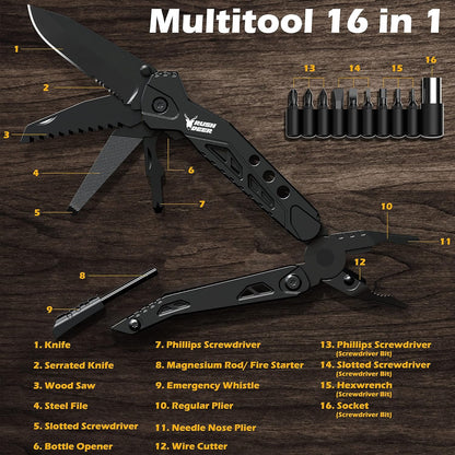 Multitool Knife Camping Survival Knife Unique Gifts for Men Dad Husband 16 in 1 Pocket Multitools Knife Pliers Screwdrivers Bottle Opener, Multi Tool Gadgets with Safety Lock Nylon Sheath