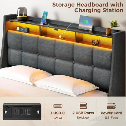 Rolanstar Queen Bed Frame with 4 Storage Drawers, Charging Station and LED Lights, Upholstered Platform Bed Storage Headboard, Heavy Duty Wooden Slats, No Box Spring Needed, Noise Free, Easy Assembly