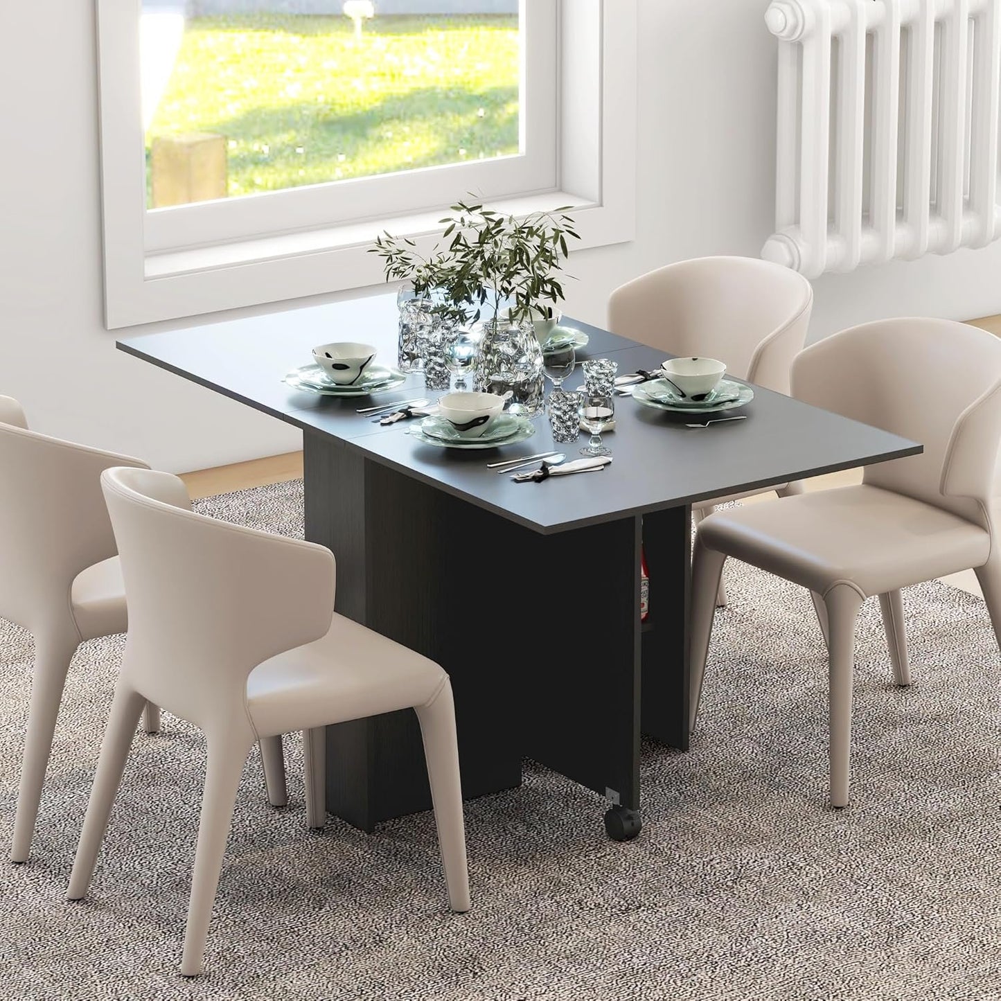 HOMCOM Folding Dining Table, 55" Drop Leaf Table for Small Spaces, Foldable Table with Storage Shelves for Kitchen, Dining Room, Black