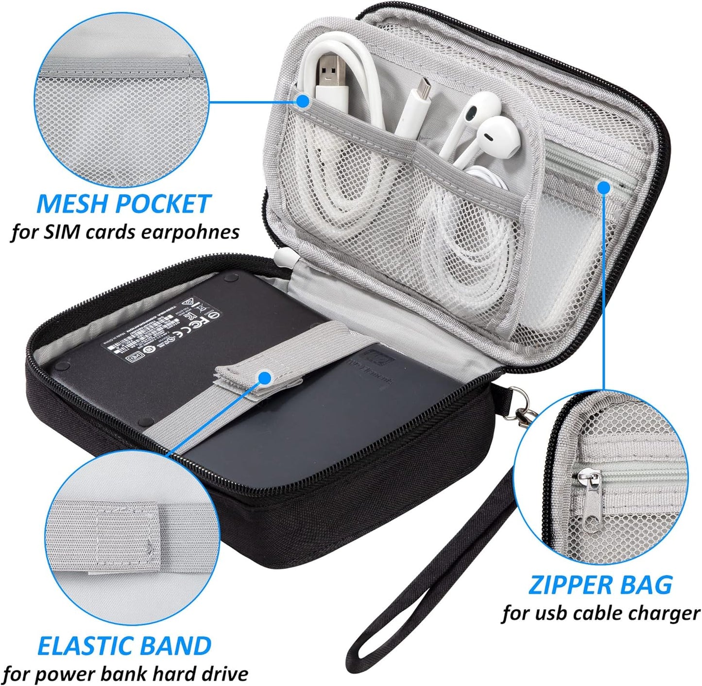QIMEI-SHOP Electronic Accessories Bag Small Travel Case for Cables Organizer for Hard Drives Charging Cables USB Charger 18.5 x 11.5 x 2.5 cm, Black, Minimalist