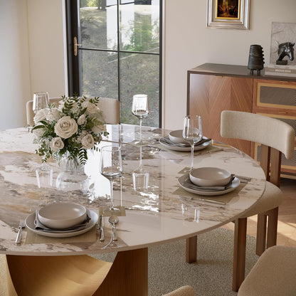 POVISON Round Dining Table for 4-6, 60" Glossy White Sintered Stone Tabletop Dining Table with Bronze Carbon Steel Pedestal, Modern Dining Room Table for Kitchen, Living Room (Table Only)