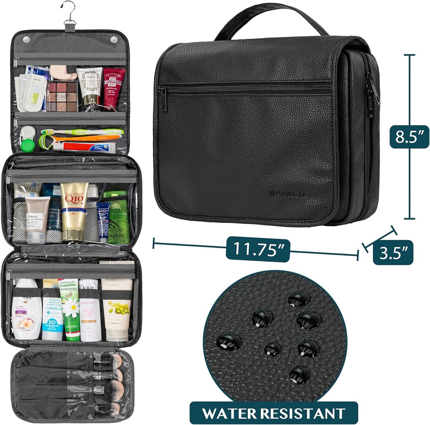 PAVILIA Hanging Toiletry Bag Women Men, Foldable Cosmetic Organizer Travel Bag, Water Resistant Makeup Bag Toiletries, Large Travel Essentials Kit, Black, Large