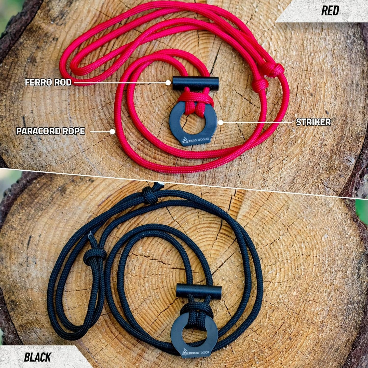 RKR OUTDOOR Survival Fire Starter Paracord Necklace (2 Pack) - 12,000 Strikes - Ultralight Ferro Rod and Striker with 550 Paracord - Flint and Steel with Waxed Tinder Paracord for Camping - Bushcraft