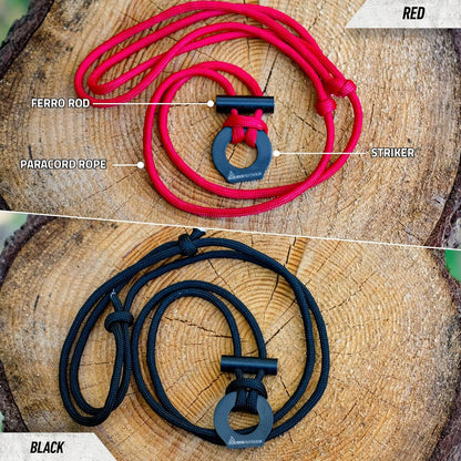 RKR OUTDOOR Survival Fire Starter Paracord Necklace (2 Pack) - 12,000 Strikes - Ultralight Ferro Rod and Striker with 550 Paracord - Flint and Steel with Waxed Tinder Paracord for Camping - Bushcraft