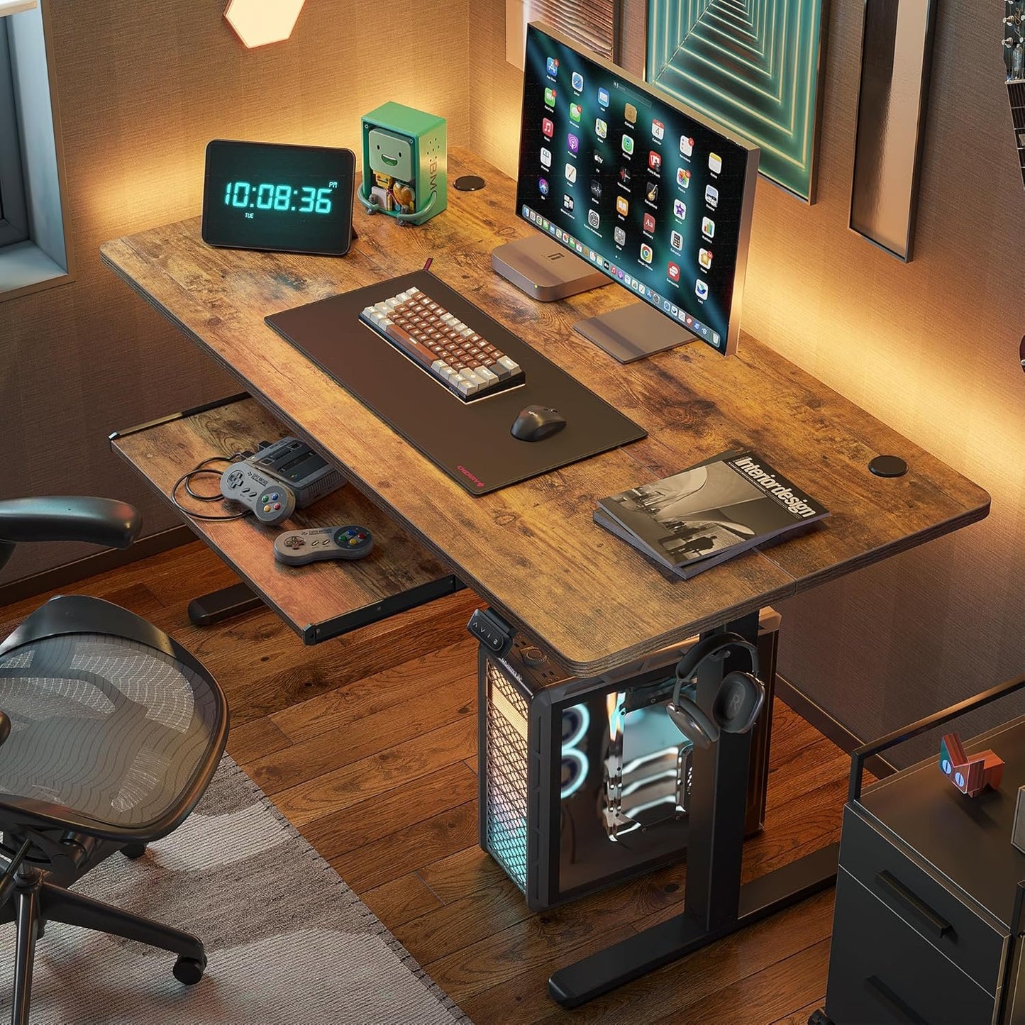 FEZIBO Height Adjustable Electric Standing Desk with Keyboard Tray, 40 x 24 Inches Sit Stand up Desk with Splice Board, Black Frame/Rustic Brown Top