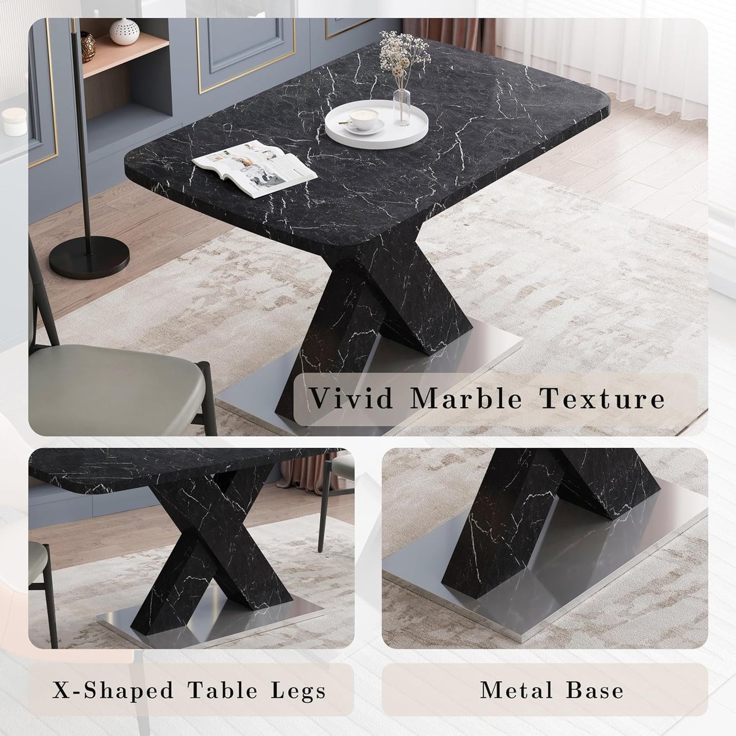 Modern Style Square Stretch Dining Table, Kitchen Table with Marble Table Top, MDF X-Shape Legs and Metal Base (Black)