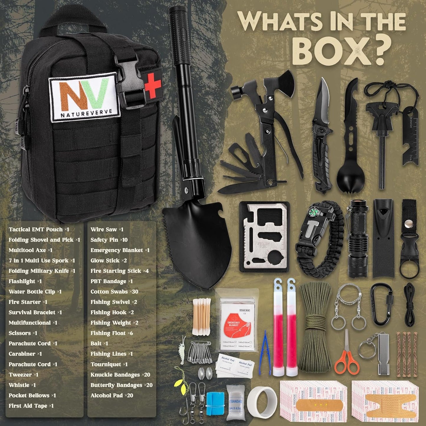 NATUREVERVE Survival Kit and First Aid Kit,142pcs Camping Gear and Survival Tools, Emergency First Aid Supplies with Molle Compatible Multi Tool Emergency Blanket, Axe Shovel, Gifts for Men and Women