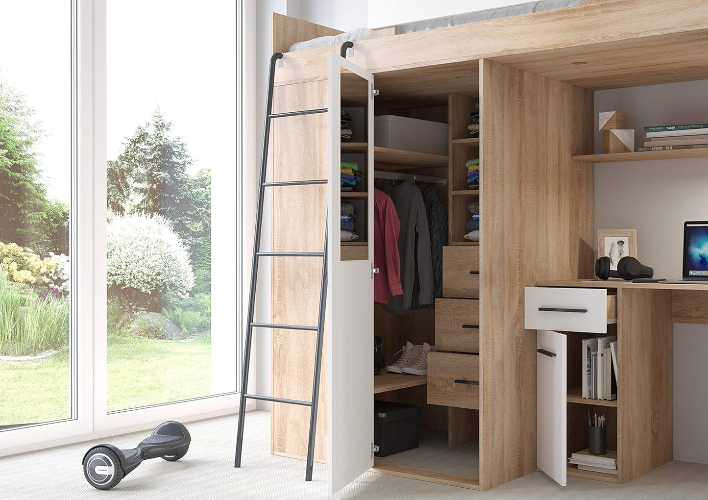 BIM Furniture - Entresole Verana L Loft Bed, 190 x 90 cm, with Stairs, Wardrobe, Shelves, Children's Furniture, Left Side
