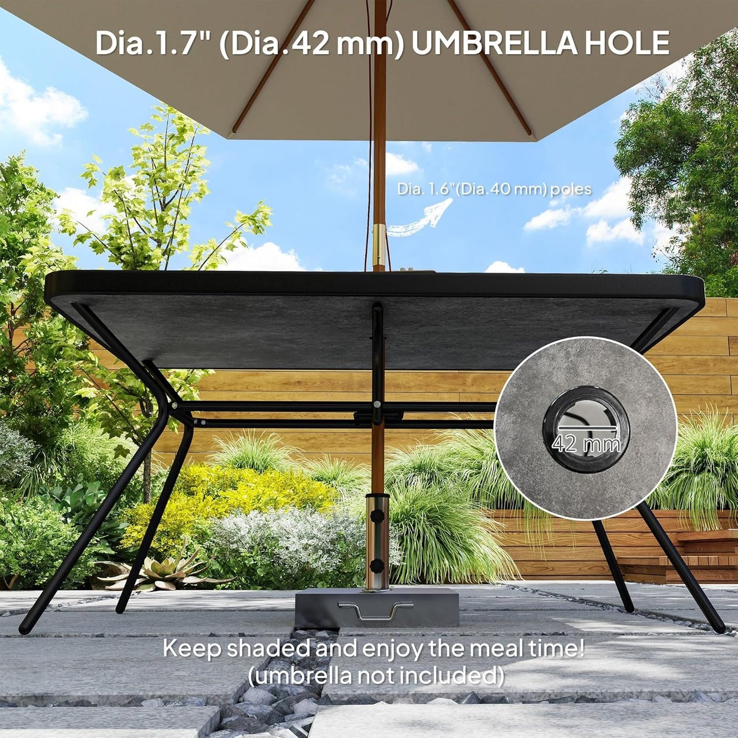 Outsunny 55" x 31.5" x 28" Rectangle Outdoor Dining Table for 6, Patio Table with 1.7" Umbrella Hole, Easy Clean DPC Plastic Tabletop, Steel Frame, for Backyard, Deck, Lawn, Grey