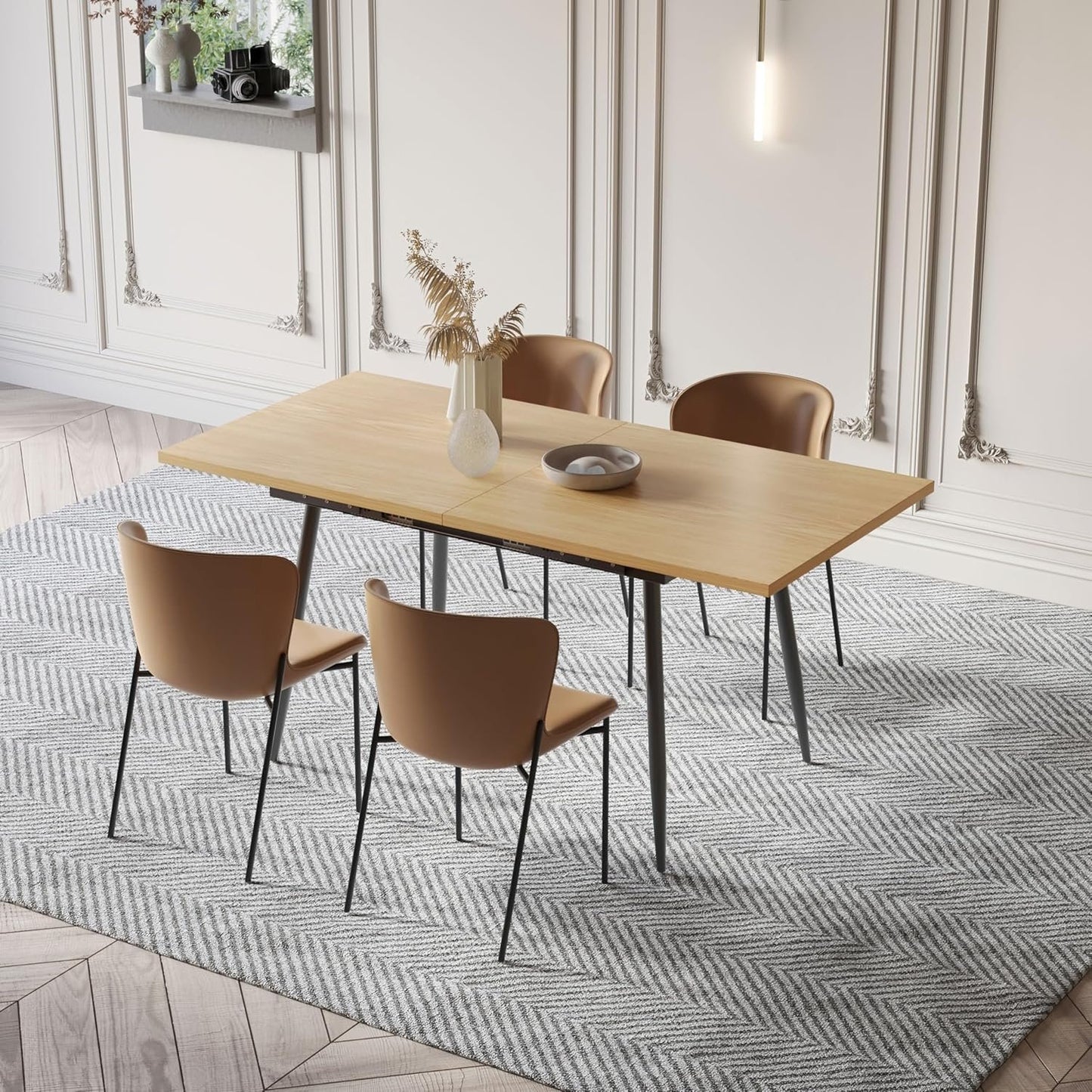 Rukulin 75" x 32" Extendable Dining Table - Rectangle Wooden Table Top with Metal Legs, Space-Saving Extendable 59" to 75" Dining Kitchen Table (Rectangle, Natural)