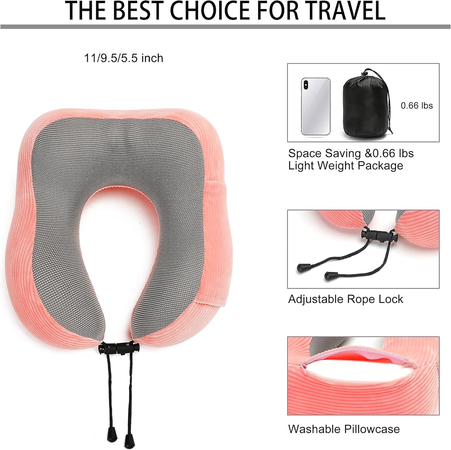 Travel Pillow, Memory Foam Neck Pillow with 360-Degree Head Support Comfortable Airplane Pillow with Storage Bag Lightweight Traveling Pillow for Sleeping, Car, Train, Bus and Home Use (Pink)