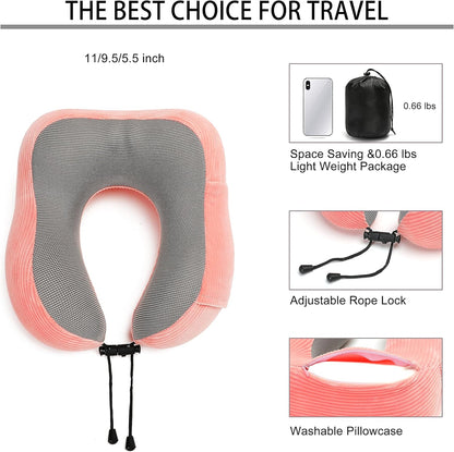 Travel Pillow, Memory Foam Neck Pillow with 360-Degree Head Support Comfortable Airplane Pillow with Storage Bag Lightweight Traveling Pillow for Sleeping, Car, Train, Bus and Home Use (Pink)