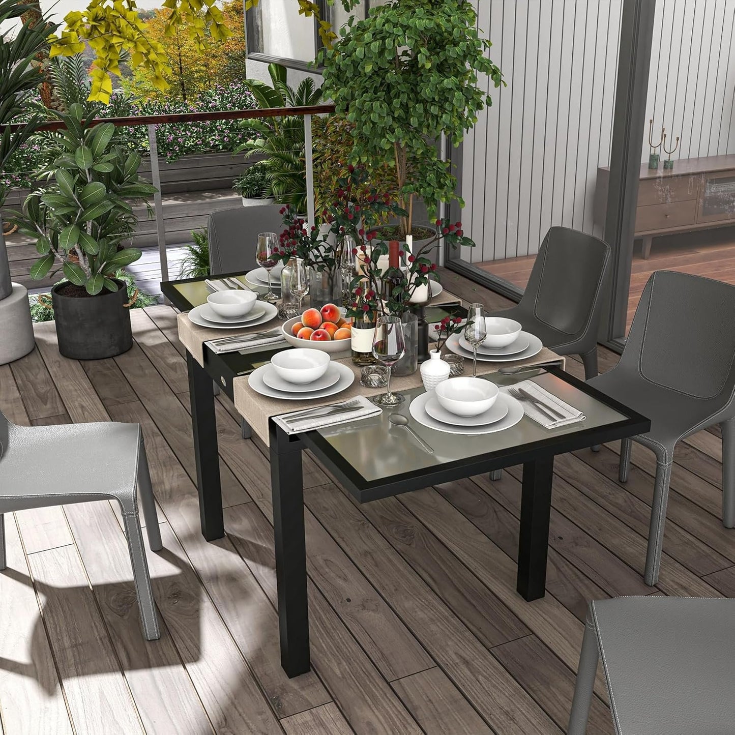 Outsunny 63" Extendable Outdoor Dining Table Patio Table with Aluminum Frame and Tempered Glass Tabletop, Clear
