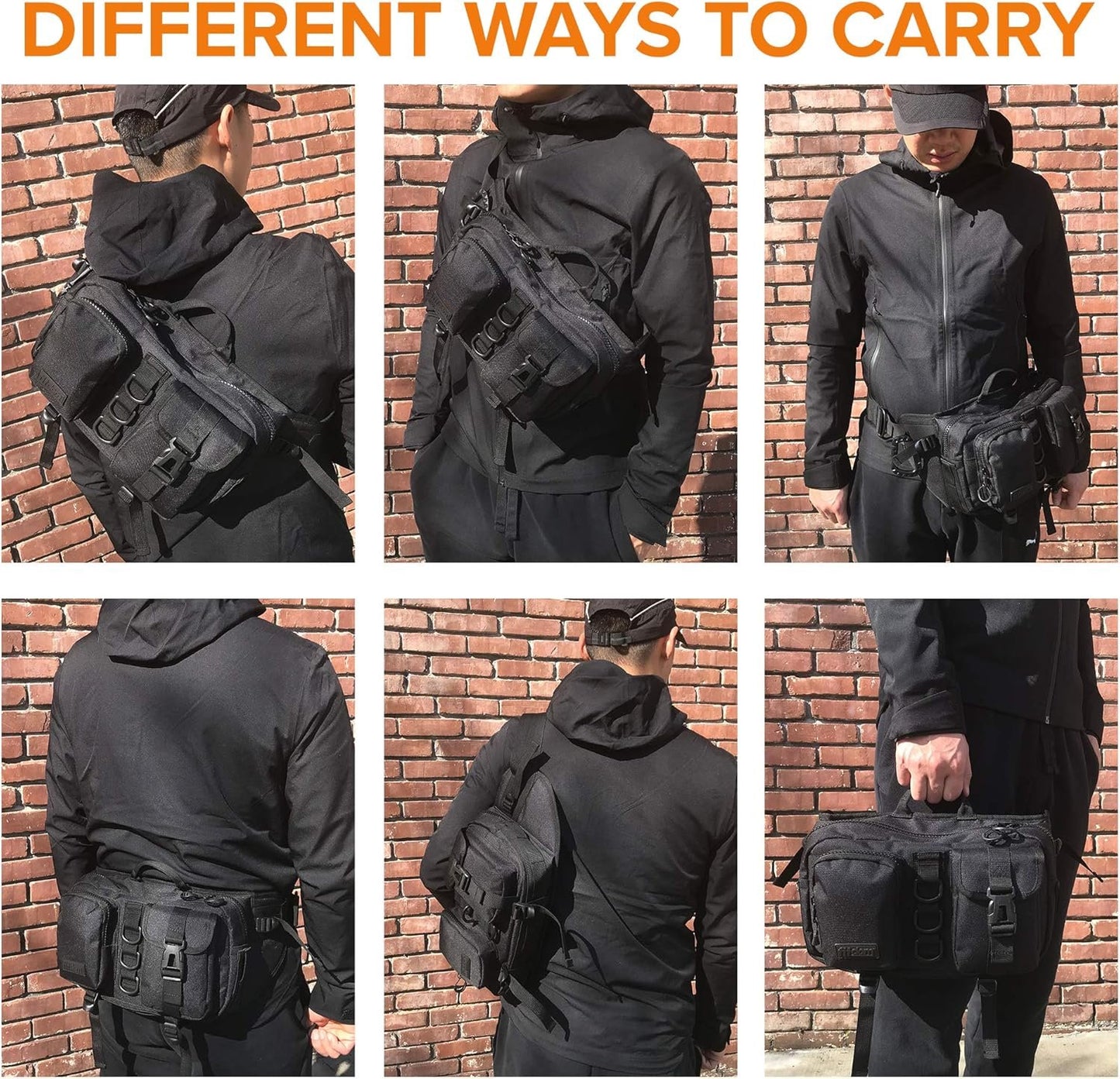 Fitdom Tactical Inspired Large Fanny Pack For Men. Perfect Techwear Accessories EDC Bag For Men. Multi-Functional Waist Pack, Jet Black, Medium, Medium 3 Pockets