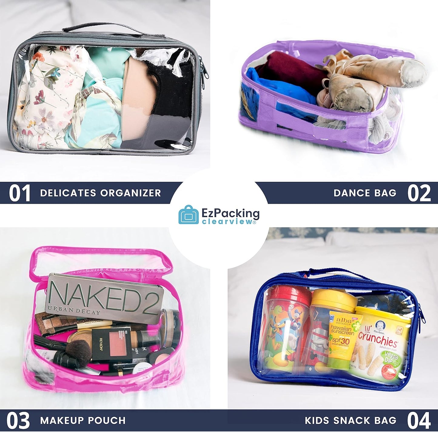 Small Clear Travel Packing Cube/See Through PVC Plastic Pouch for Carry On Suitcase, Backpack or Diaper Bag/Transparent Multipurpose Accessories, Makeup & Underwear Organizer w/Handle (Purple)
