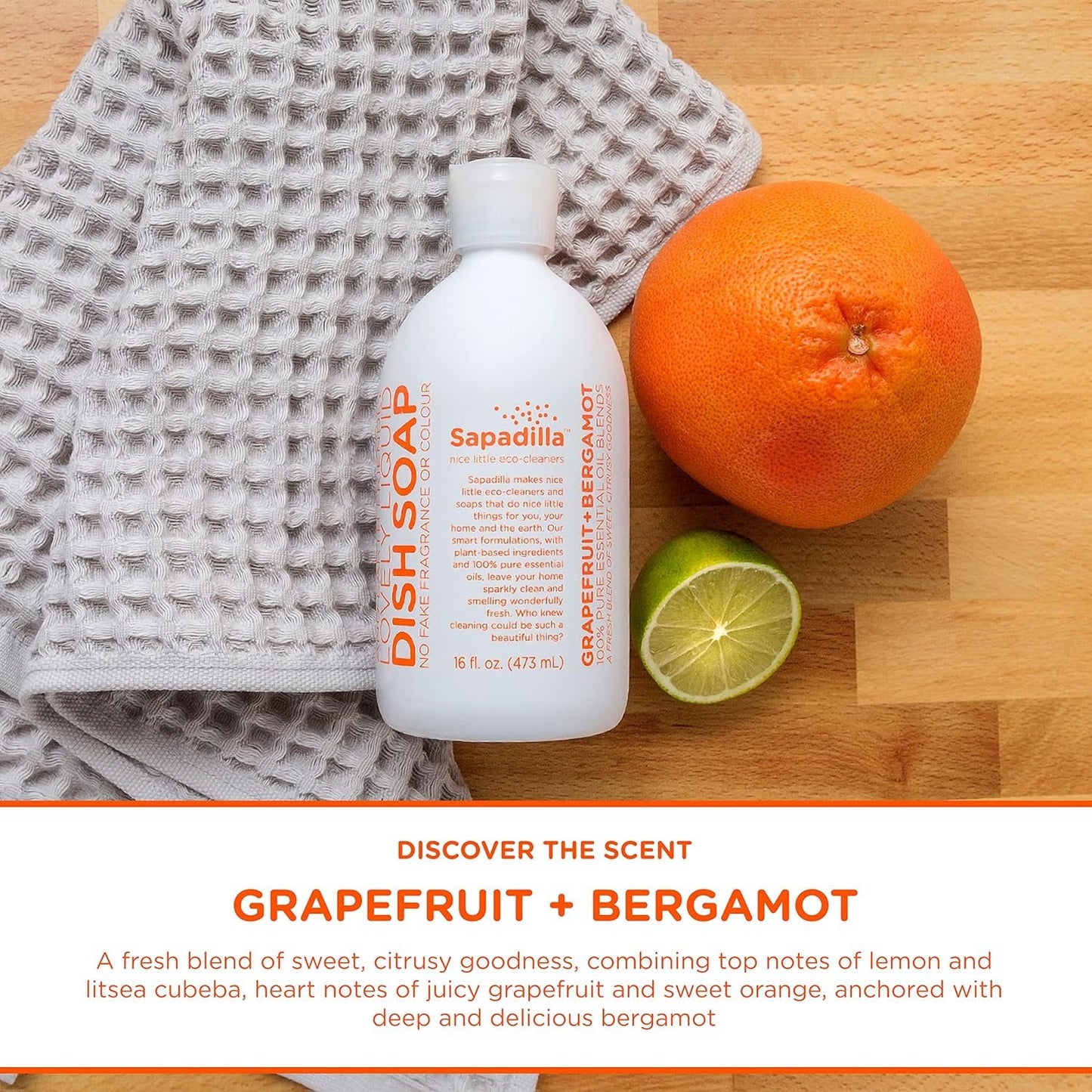 Sapadilla Grapefruit + Bergamot Biodegradable Liquid Dish Soap, 16 Ounce, (Pack of 3)