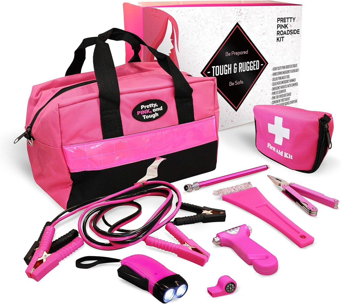 Pretty Pink Roadside Emergency Kit for Teen Girls and Women - Car Accessories With Jumper Cables, First Aid Kit, Tools, Durable Carry Bag - 5 Year Warranty