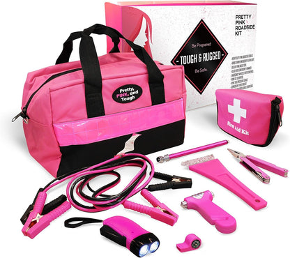 Pretty Pink Roadside Emergency Kit for Teen Girls and Women - Car Accessories With Jumper Cables, First Aid Kit, Tools, Durable Carry Bag - 5 Year Warranty