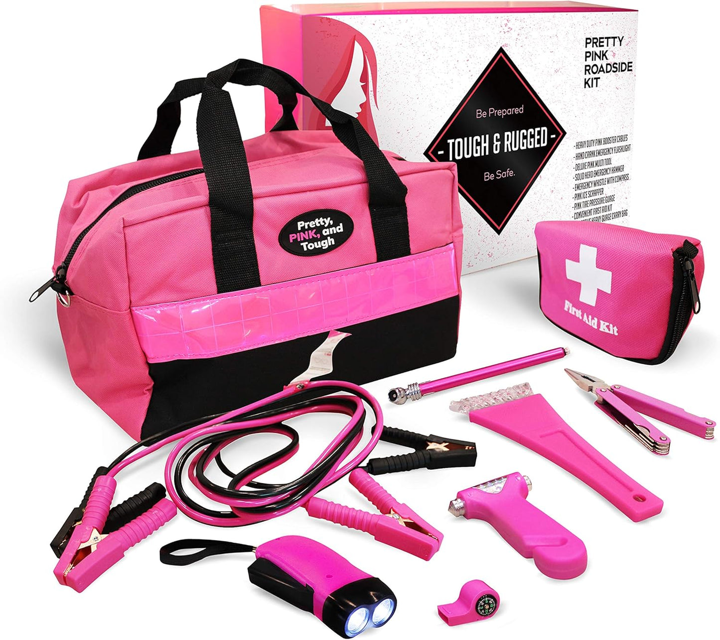 Gears Out Pretty Pink Roadside Kit - Emergency Kit for Teen Girls and Women - Lightweight, Soft-Sided Carry Bag With Jumper Cables, First Aid Kit, and Tools - 5 Year Warranty