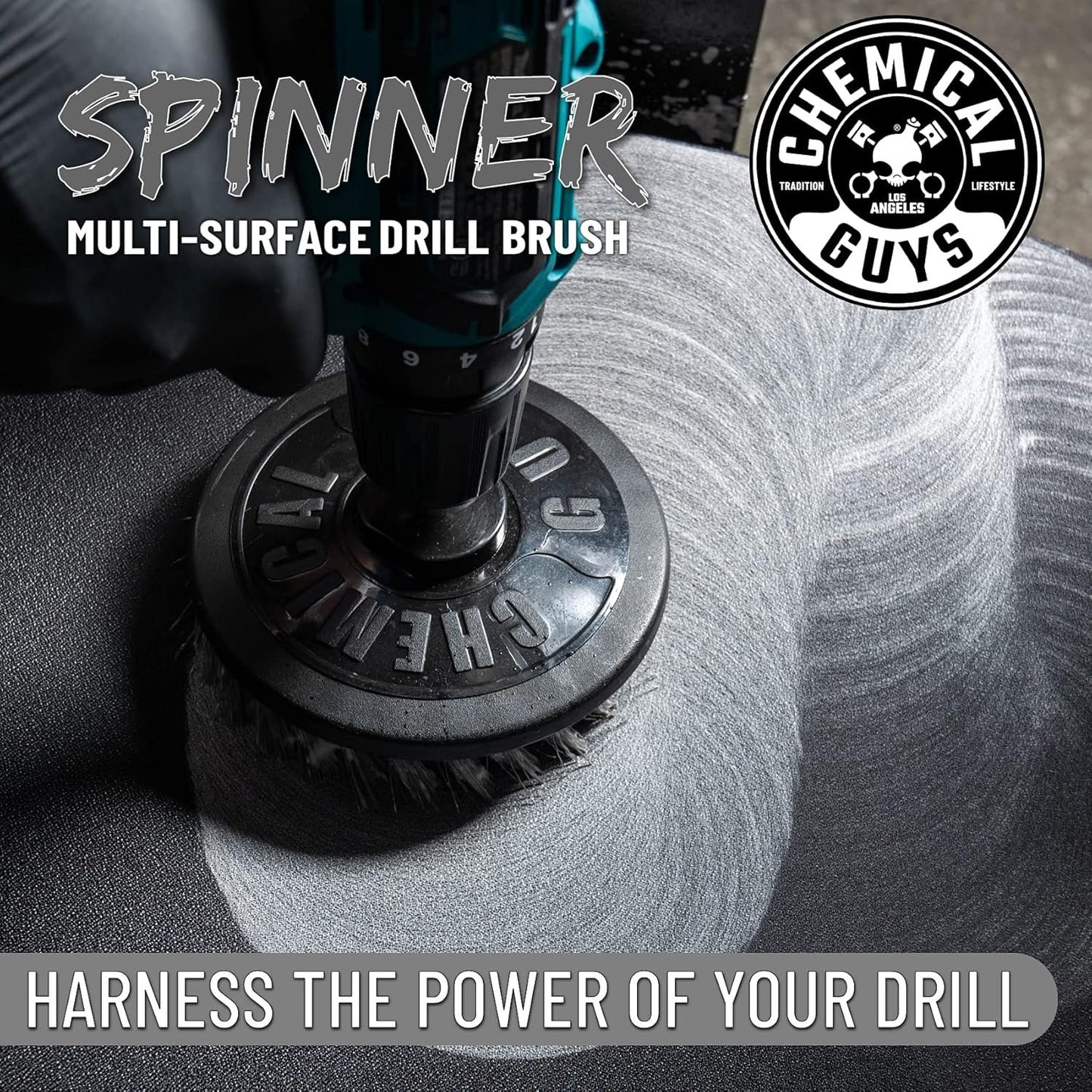 Chemical Guys ACC506 Light Duty Spinner Multi-Surface Drill Brush Attachment (Fits Any Standard Drill - Power Scrubber Removes Stains & Gently Cleans Upholstery, Fabric and Carpet), Gray