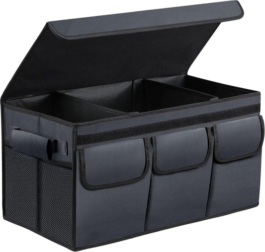 SODCAW Grey Trunk Storage Organizer For Car Trunk Organizer With Lid Collapsible Trunk Organizer For SUV Groceries Accessories (M Grey)