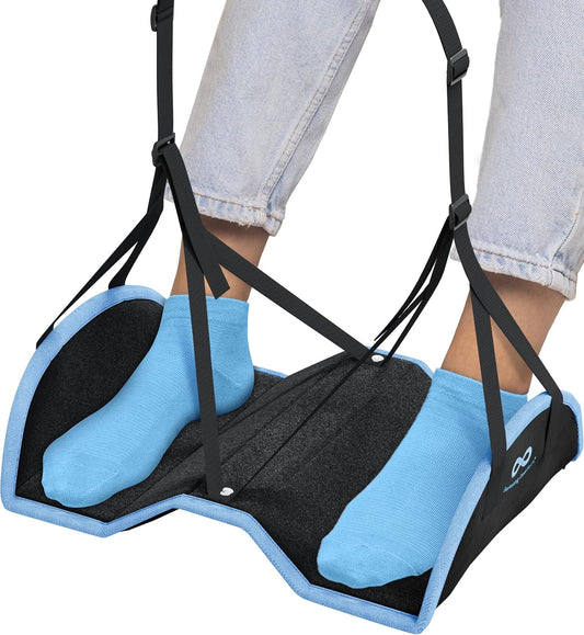 Everlasting Comfort Airplane Footrest - Ergonomic Adjustable Foot and Heel Hammock - Memory Foam Portable Air Plane Flying Travel Foot Rest - Long Airplane Flight Accessories for Feet (Black)