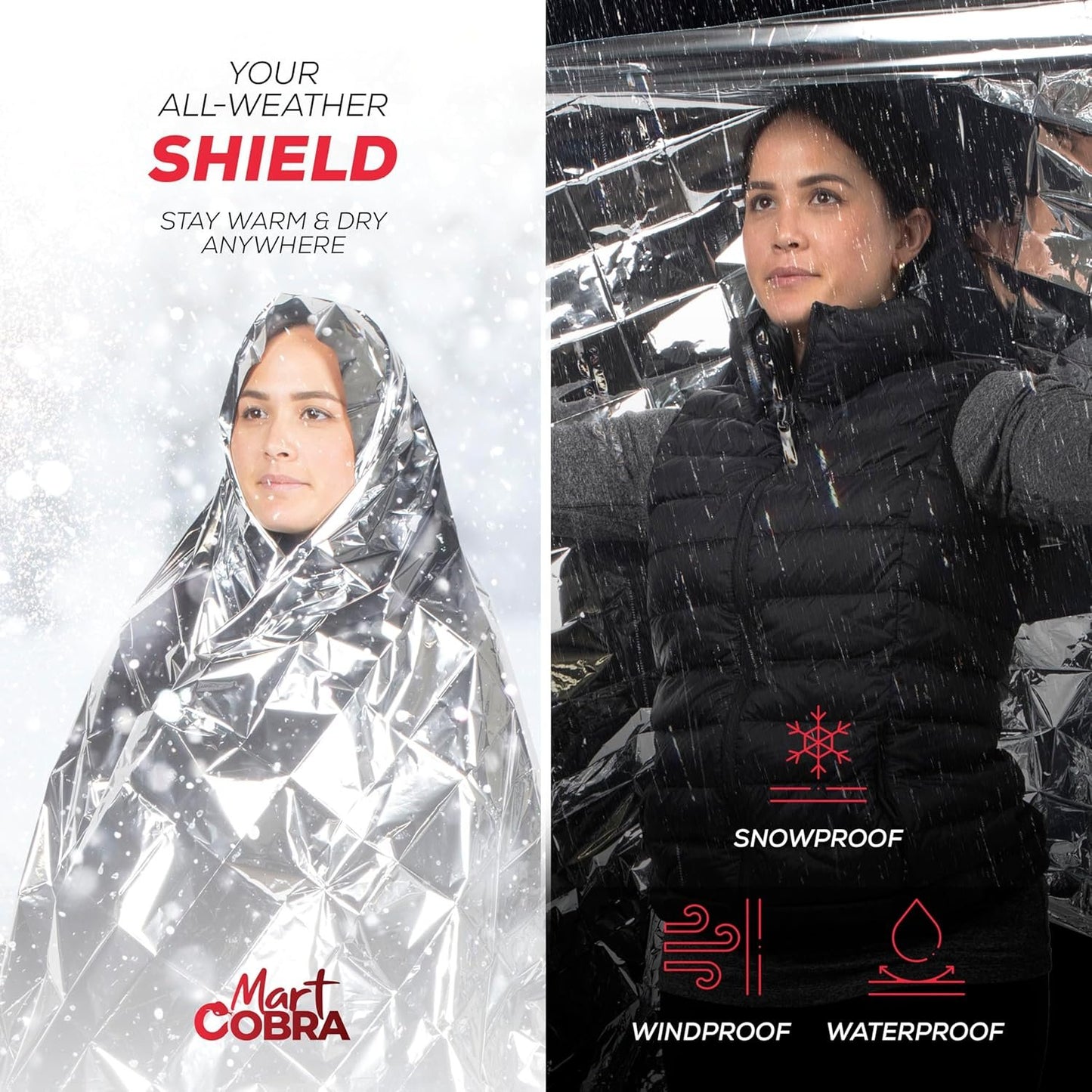 Mart Cobra Emergency Blanket 100-Pack | Reflective Thermal Blanket | Survival Gear | Lightweight Mylar Blankets | Retains 90% Body Heat | Essential for Camping, First Aid, Homeless Care Package Bulk