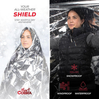 Mart Cobra Emergency Blanket 100-Pack | Reflective Thermal Blanket | Survival Gear | Lightweight Mylar Blankets | Retains 90% Body Heat | Essential for Camping, First Aid, Homeless Care Package Bulk