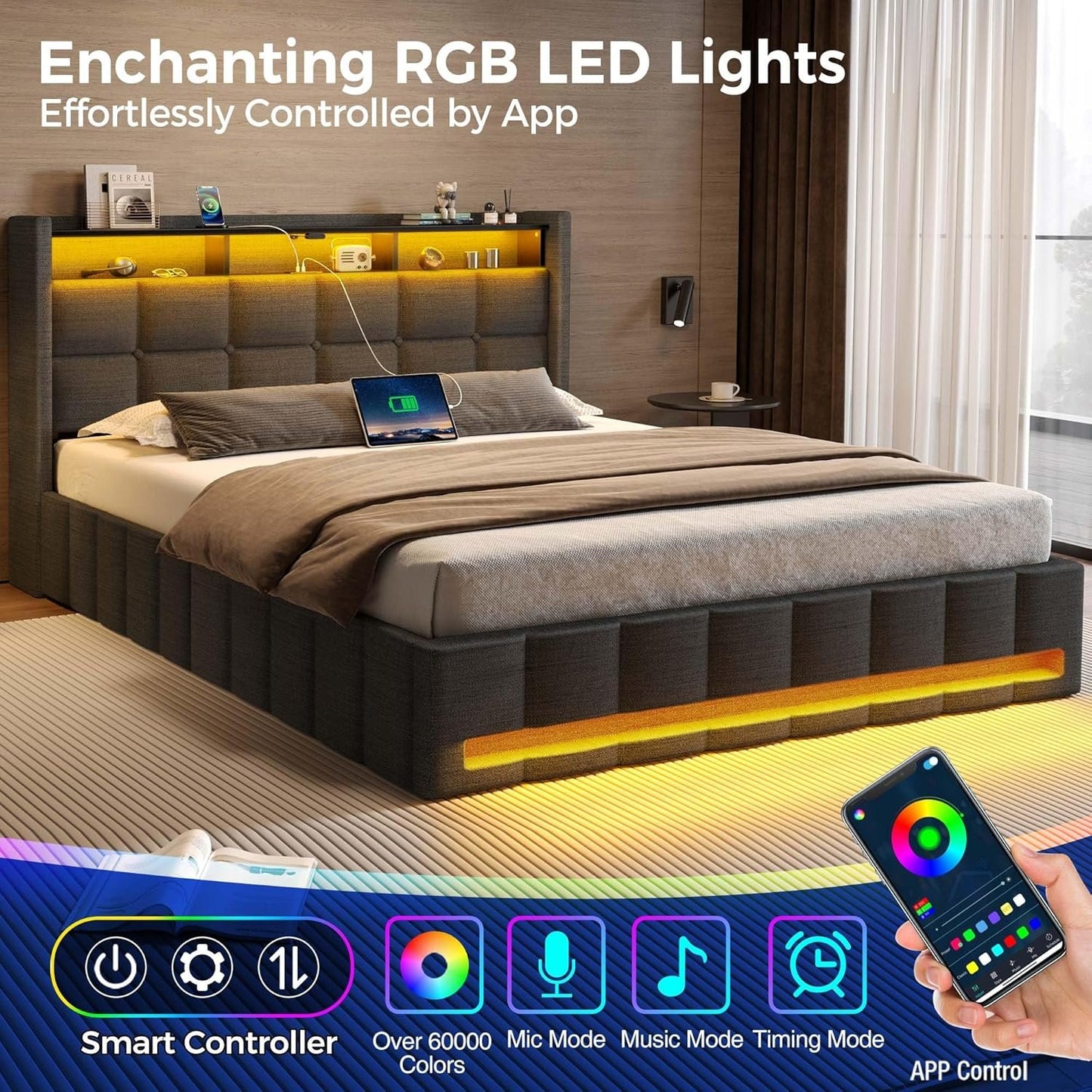 Rolanstar Queen Size Bed Frame with Lift Up Storage, Charging Station & LED Lights, Upholstered Bed with Heavy Duty Wooden Slats, No Box Spring Needed, Noise Free, Easy Assembly, Dark Grey